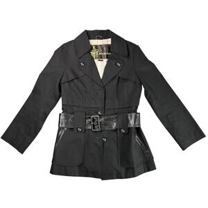 Mackage Black Trench Coat Womens Small Petite Leather Trim Belted